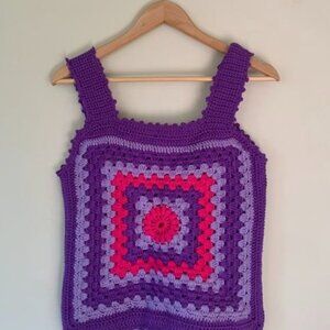 Vintage 70s Crochet Granny Square Purple Knit Top Maximalist bright vest medium
